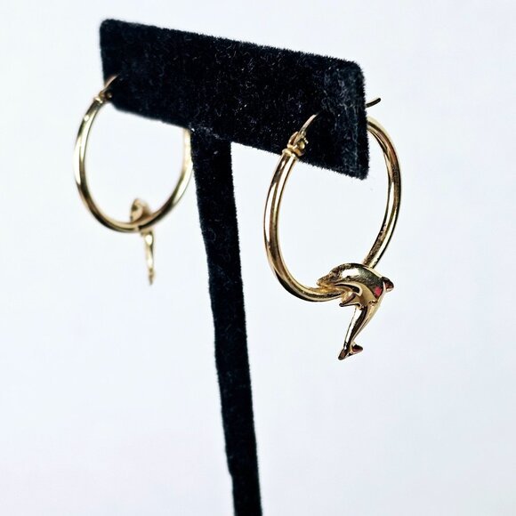 Vintage Hoop Jumping Dolphin Tube, 10K Signed AAJ, Polished Pierced Ear Earrings - Picture 4 of 5